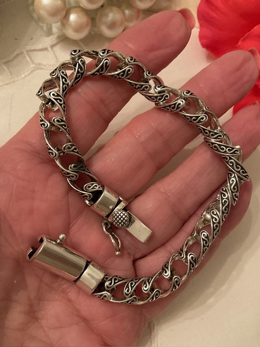NEW MENS 925 STERLING SILVER TANG GRASS PATTERN CURB LINK BRACELET 8.7” 38 GRAMS - Picture 3 of 15